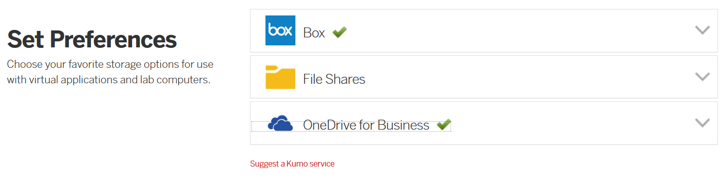 Kumo Cloud Storage Linked Screenshot showing Kumo Set Preferences page. Box and OneDrive are successfully linked.