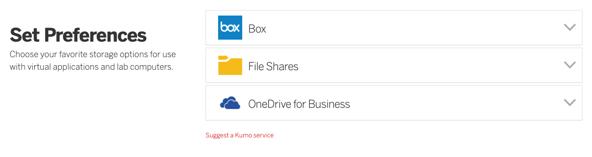 Kumo Cloud Storage Selection page Screen image showing Box and OneDrive icons to select which service
