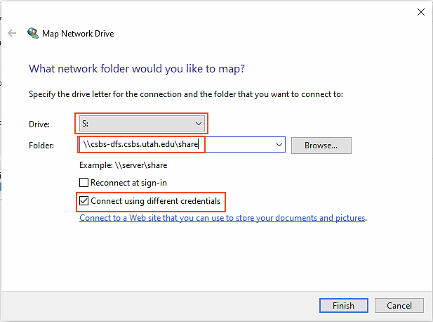 Screenshot showing how to map the Shared drive