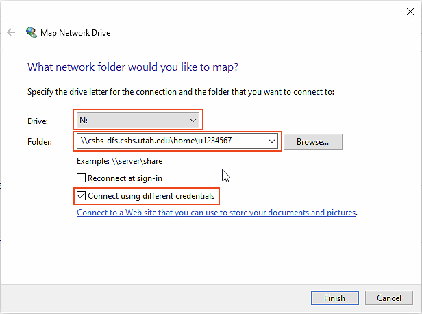 Screenshot showing how to change the drive letter and server name for the network location.